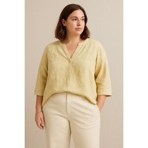 Quiet‎ Luxury Linen Blouse 3X Neutral Embroidered Minimalist Natural Fiber Top